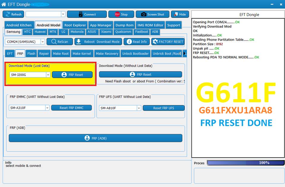 G611F XXU1ARA8 FRP RESET DONE / USING J200G By EFT Dongle