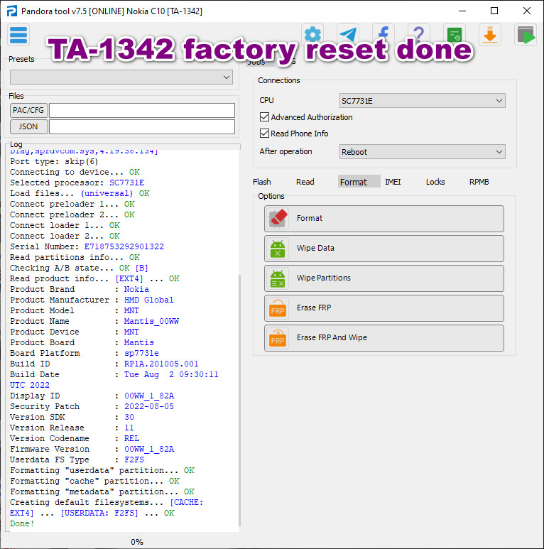 TA-1342 factory reset done
