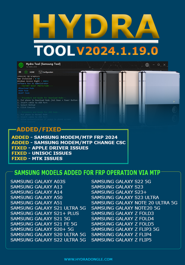 Hydra Tool v2024.1.19.0 (Samsung Modem FRP/Change CSC and Bugs Fixed)