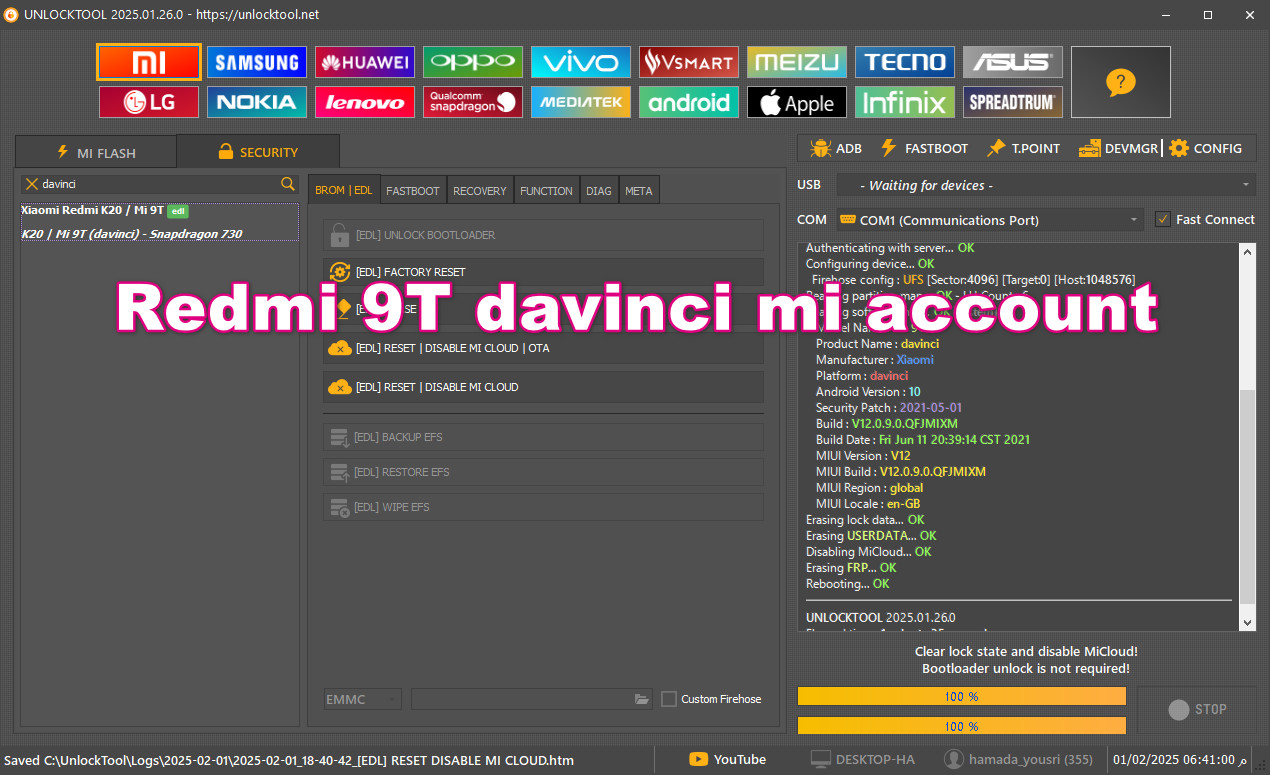 Redmi 9T davinci mi account