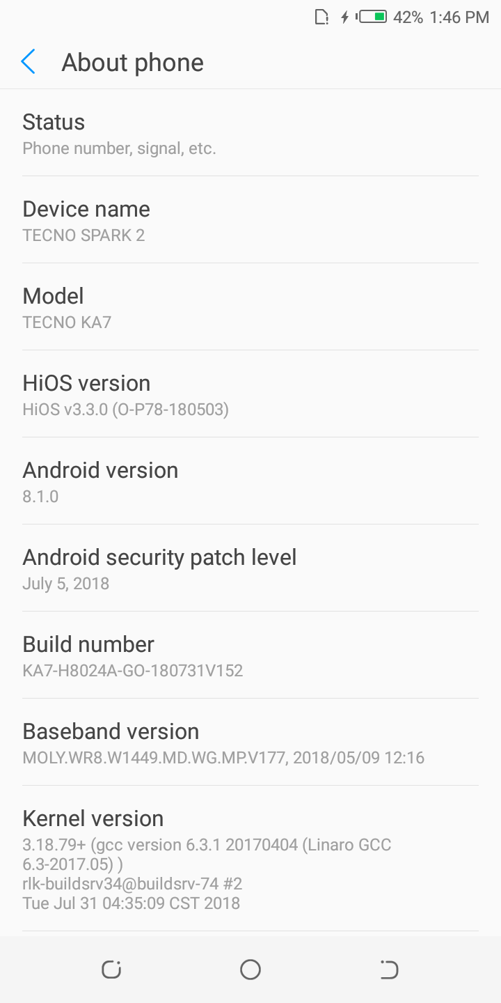 ���� ���� ����� Tecno Spark 2 (KA7)