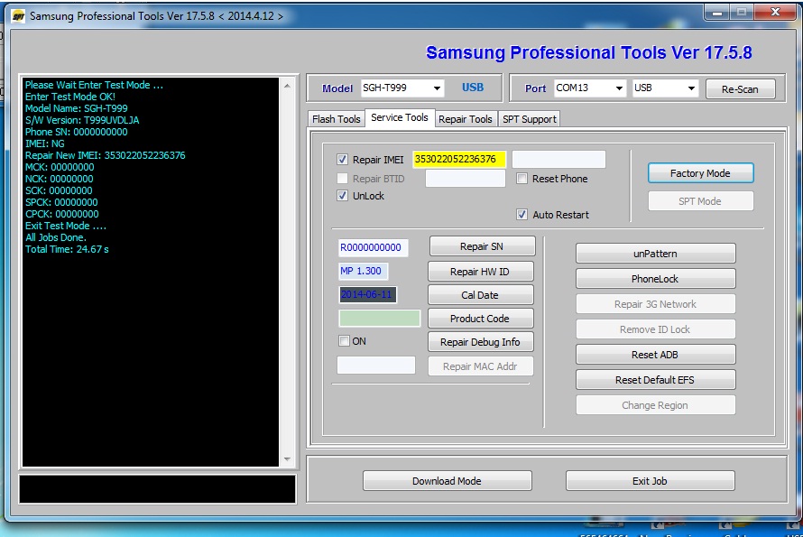 t999 (Galaxy S3) Repair IMEI (Android 4.1.1) Successful spt box