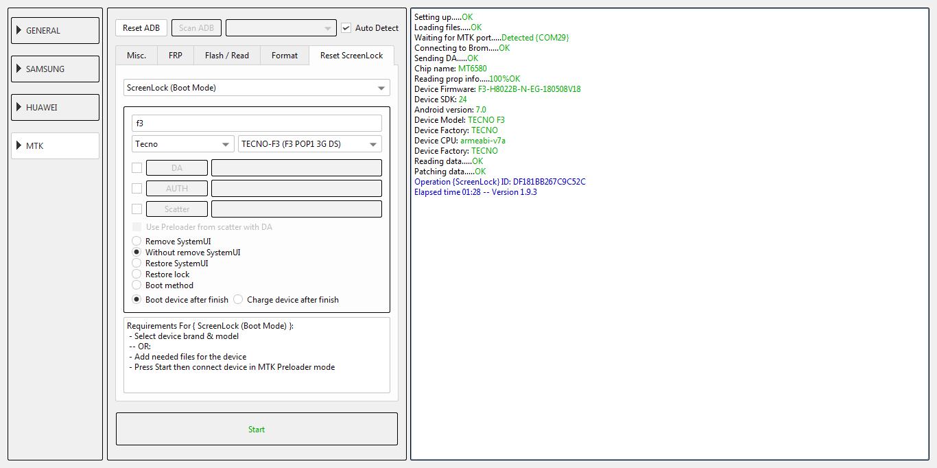 reset ScreenLock TECNO F3