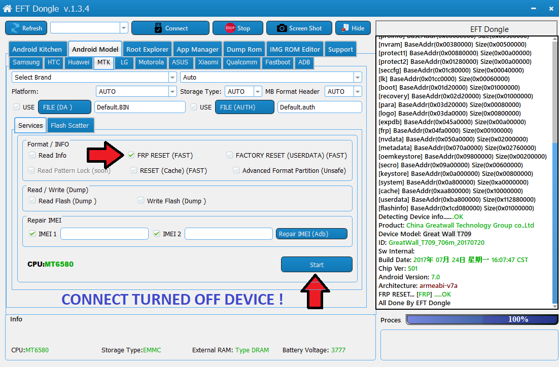 Great Wall T709 FRP RESET DONE BY EFT DONGLE