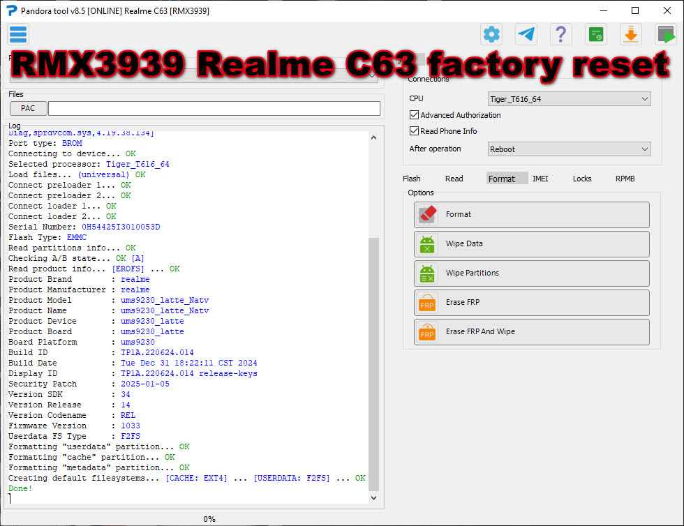RMX3939 Realme C63 factory reset+FRP