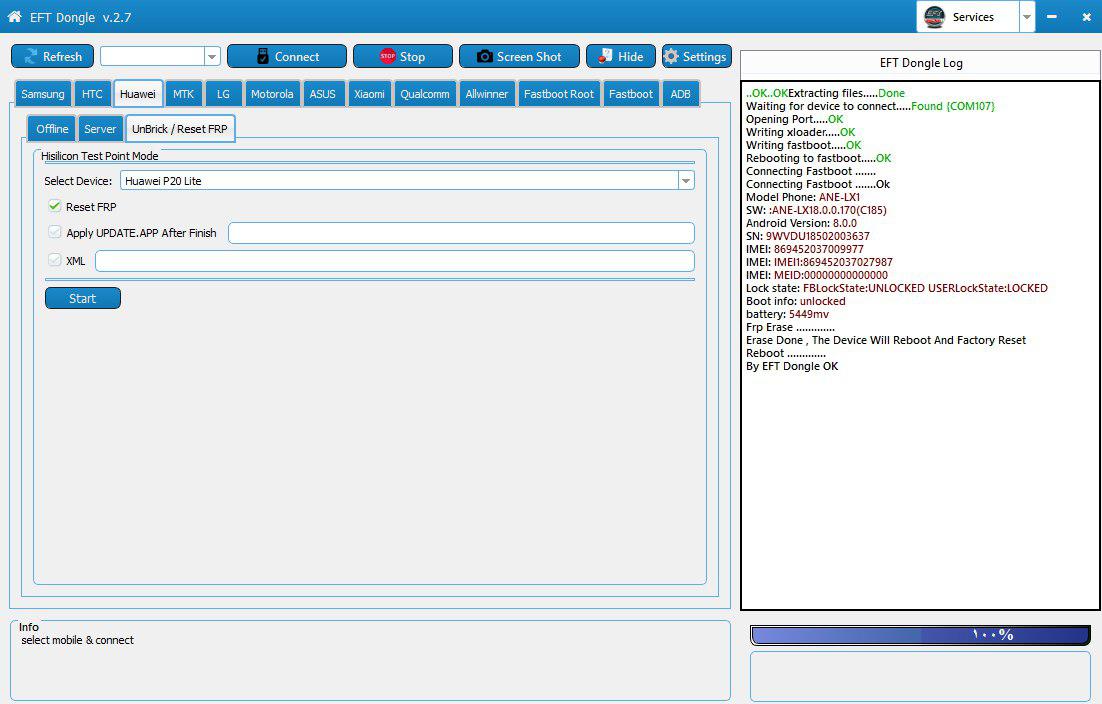 P20 lite ANE-LX1 FRP reset done by EFT Dongle ( test point method)