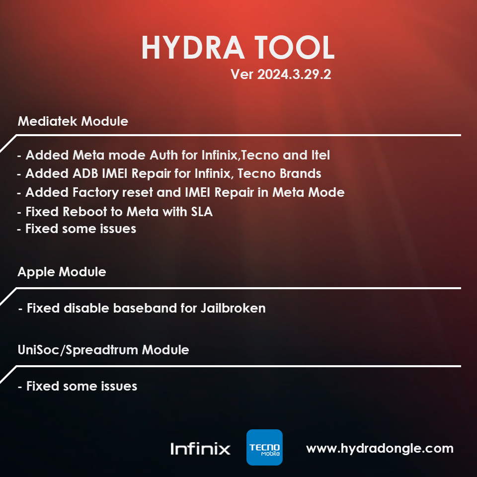 HydraTool Ver 2024.3.29.3 Tecno,Infinix and Itel Meta mode auth and Repair security