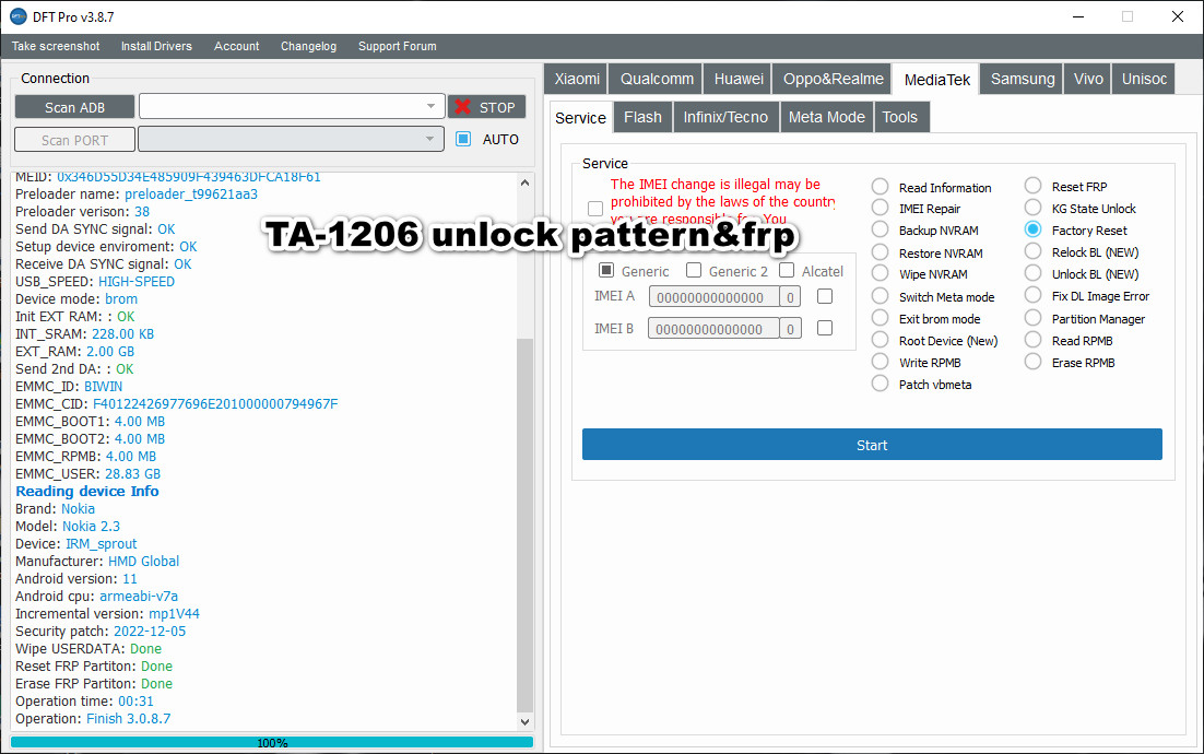 TA-1206 unlock pattern & frp