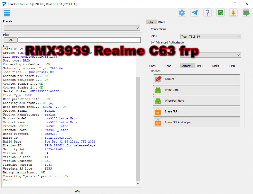 RMX3939 Realme C63 factory reset+FRP
