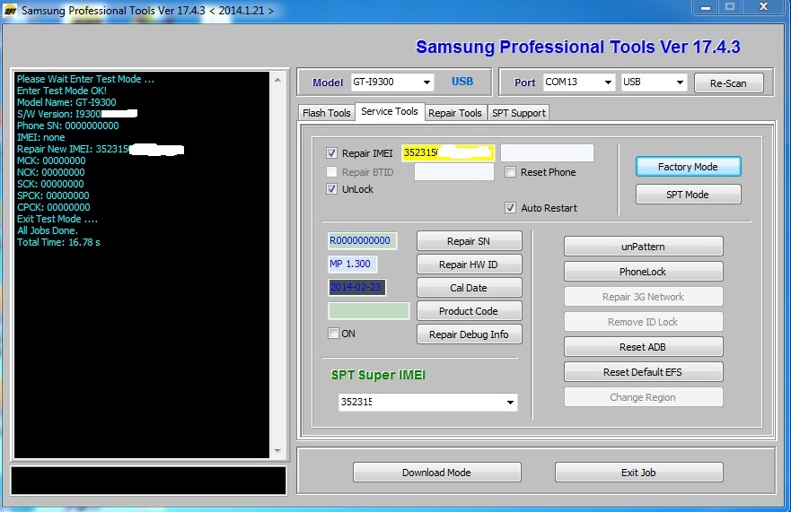I9300 (Galaxy S3) Repair IMEI (Android 4.3) Successful spt box