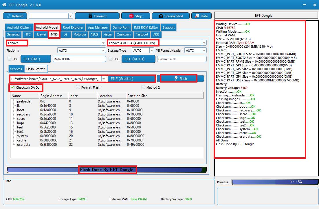 ����� ��� ����� Tool DL Image Fail lenovo a7000-a ������ EFT DONGLE